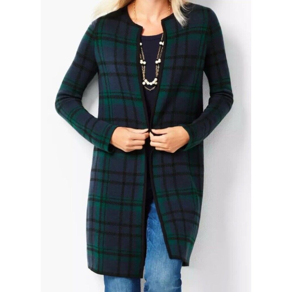Talbots Open Front Cardigan Jacket Size LP Merino Wool Black Watch Plaid